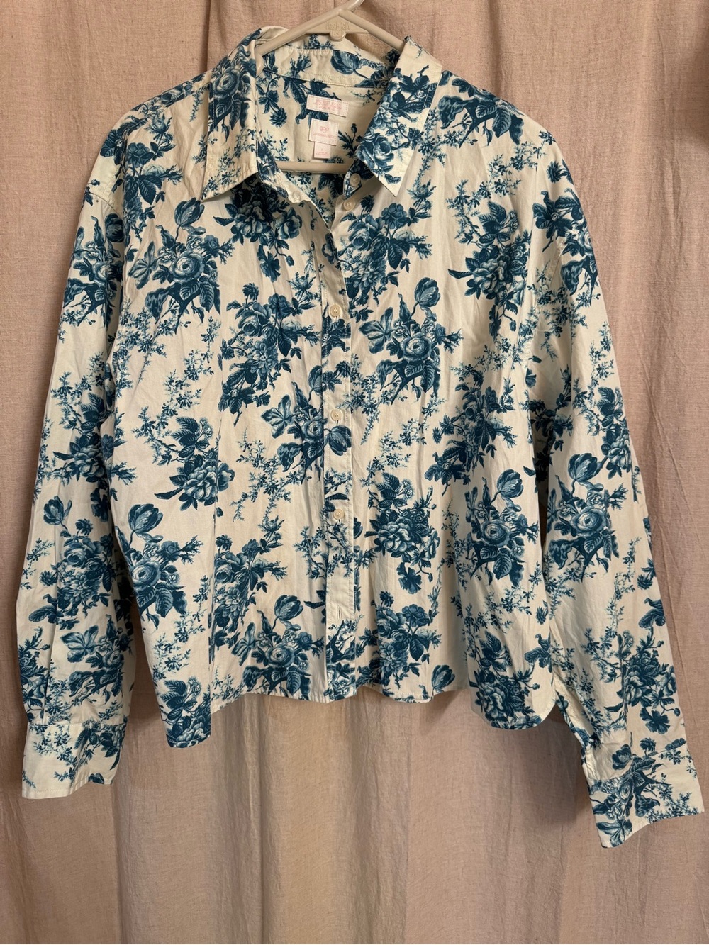 LoveShackFancy White and Blue Floral Button-Down Shirt